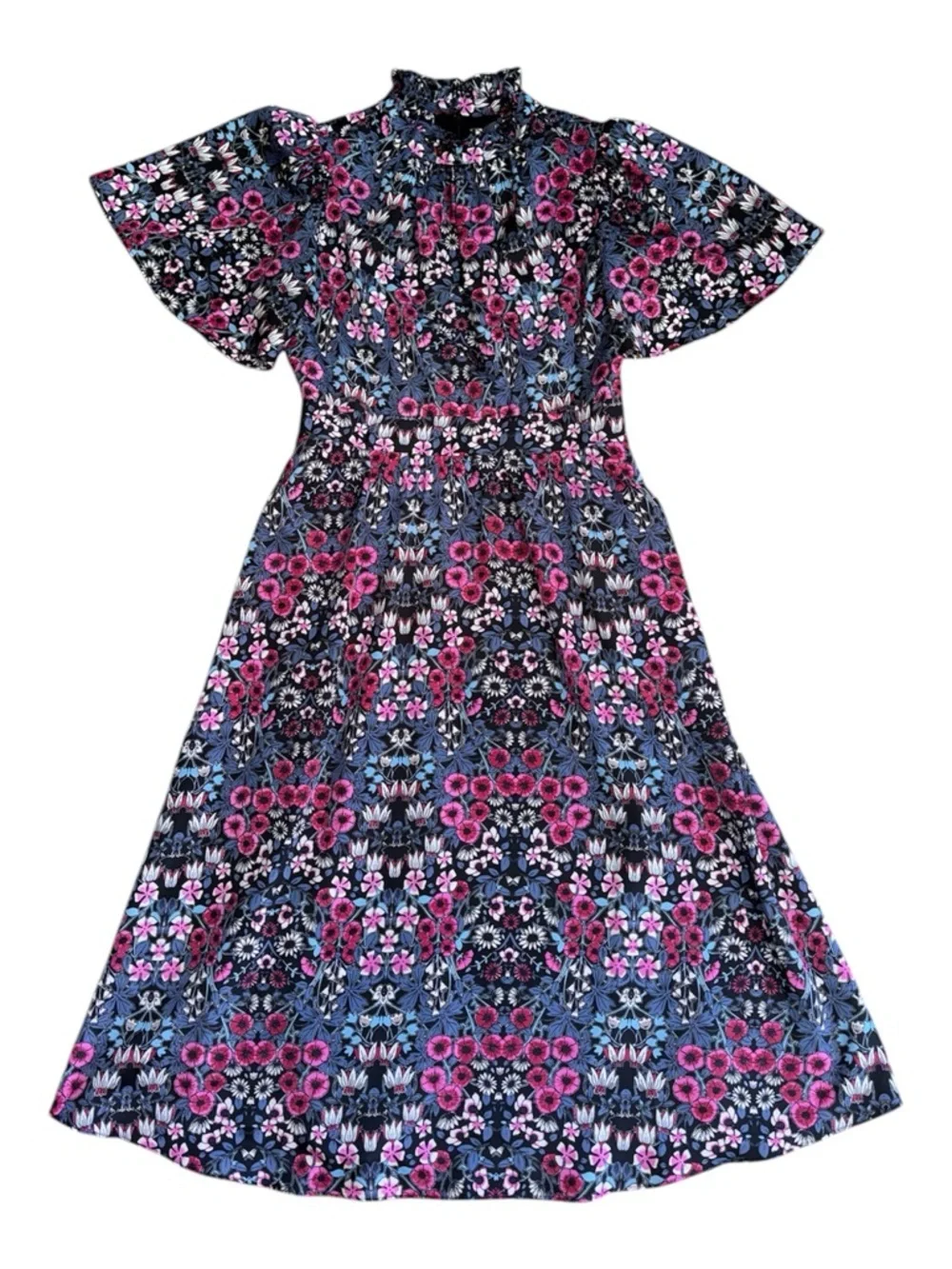 JULIA JORDAN Floral Ruffle Neck Puff Short Sleeve Midi Dress Multicolor Sz 6